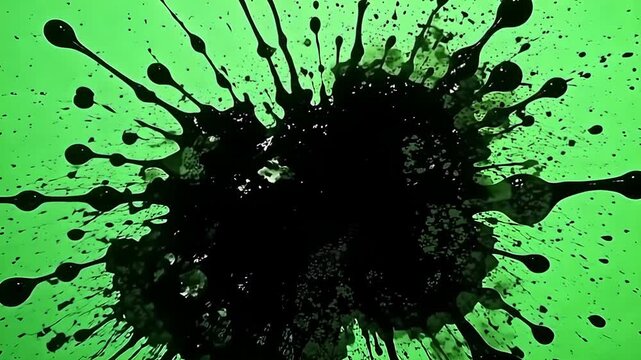 Explode oil stain motion shatters the serenity of a calm green background, its path erratic and unstoppable like cascading ink in wind.