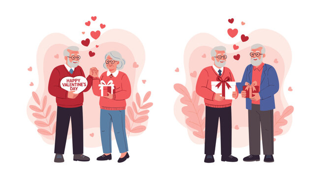 Set of senior people celebrating Valentine's Day, including a romantic elderly couple and two older male friends exchanging gifts. - Powered by Adobe