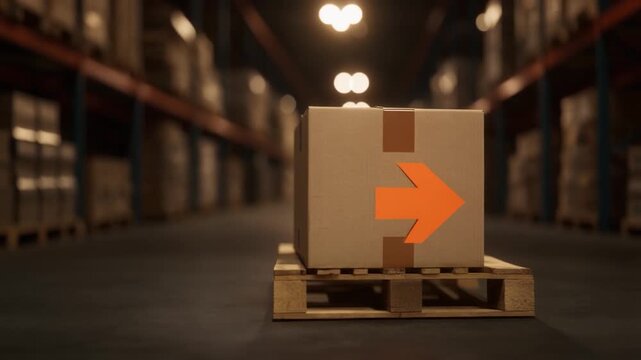 A cardboard box with an orange arrow sits on a pallet in a warehouse aisle.