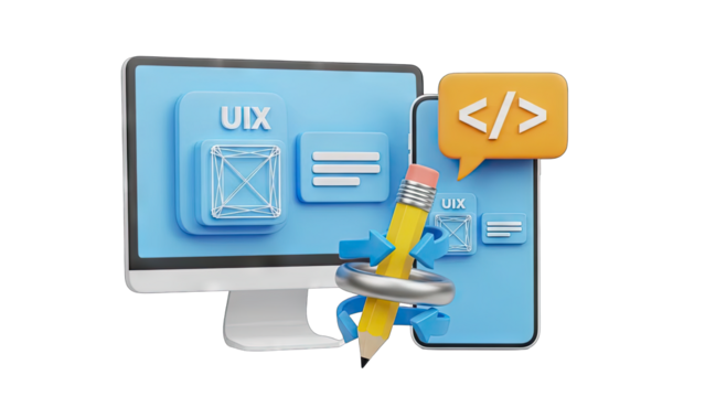 Digital User Interface Design Conceptualization With Stylized Elements And Pencil On Transparent Background - Powered by Adobe