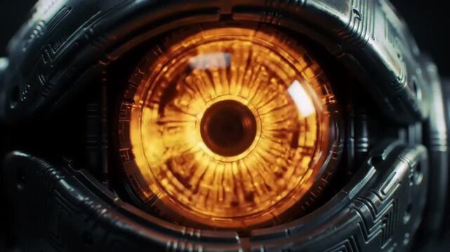 Close-up of a futuristic robotic eye with glowing orange iris and intricate mechanical details.