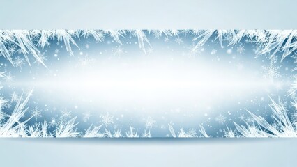 Beautiful frosty ice crystal border design with falling snowflakes creating a bright winter holiday background banner space