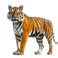 Fototapeta premium A majestic tiger stands confidently on a white background. its orange and black stripes. symbolizing strength and beauty. ideal for wildlife conservation themes