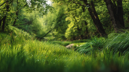 Fototapeta premium Lush greenery and flowing water create a vibrant scene in a forest during daylight