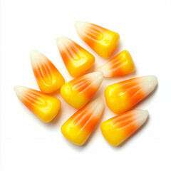 Obraz premium Colorful Candy Corn Pieces Piled on White Background for Halloween Treats