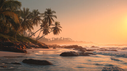 Beach sunset with palm trees and rocky shoreline at the ocean
