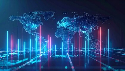 世界地図上に立ち上がる光のデータがグローバル情報網を象徴する