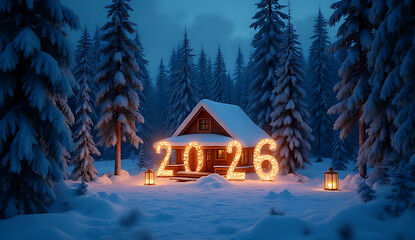 A cozy wooden cabin in a snowy winter forest landscape with a festive Christmas feel