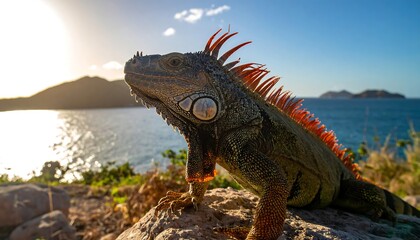 Close Green Iguana Rock With