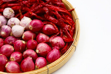 Dried red chilies, garlic bulbs and red shallots