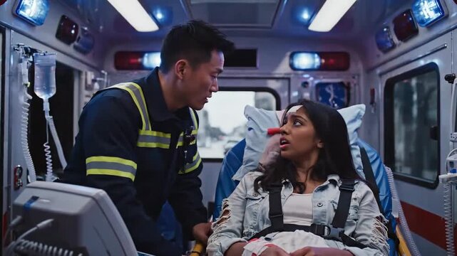 Emergency Medical Response to Injured Patient Inside of Ambulance Vehicle in Action.