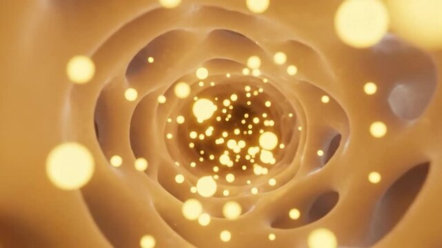 Intricate bone matrix with glowing golden cellular components inside