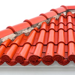 Close-up of a vibrant red tile roof, angled against a clean white sky. Architectural detail