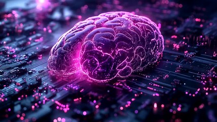 Futuristic brain on circuit board with neon glow - Powered by Adobe