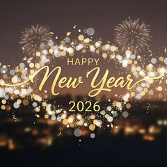 Happy New Year 2026 Celebration Background with Glowing Marquee Letters and Champagne Glass