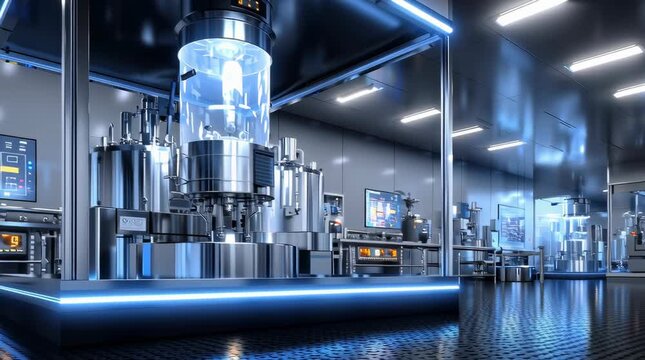realistic pharmaceutical manufacturing cleanroom, compliant with GMP standards; stainless steel reactors, sealed production equipment, clean benches, automated filling or inspection machines; blue