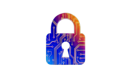 Digital Padlock Symbol with Circuit Board Pattern Overlay and Vibrant Gradient Colors on Transparent Background