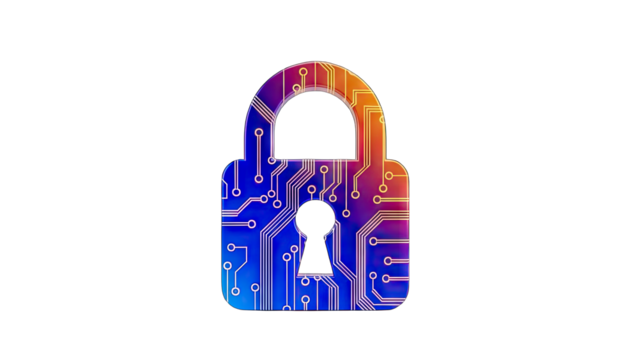 Digital Padlock Symbol with Circuit Board Pattern Overlay and Vibrant Gradient Colors on Transparent Background - Powered by Adobe