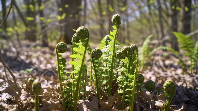 Vibrant green fiddlehead ferns unfurling on a sun-dappled forest floor in early spring, signaling new life and natural renewal in a serene woodland environment