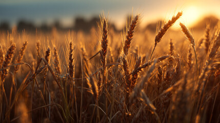 Fototapeta premium Wheat field at sunset with golden light shining on the crops and a scenic sky in the background