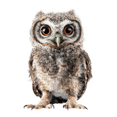 Obraz premium A close-up portrait of a fluffy owl with large. expressive eyes. its detailed feathers and unique features. set against a clean white background. ideal for wildlife and nature photography
