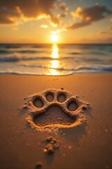 Large animal paw print pressed into wet sand during a vibrant ocean sunset