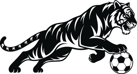Obraz premium Black tiger leaping with a soccer ball on white background tiger, animal, soccer, football, ball, sport, leaping, jumping, action, dynamic, black and white, silhouette, vector, art, design, illustrati
