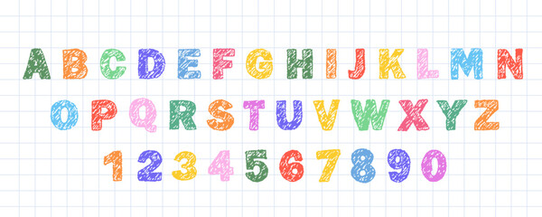 English alphabet crayon. Funky and bold ABC set with wax texture. Pen doodle font. Vector illustration.