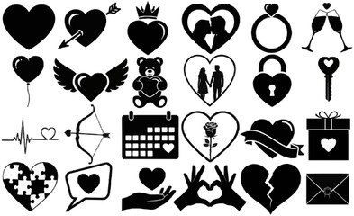 Love Symbol Silhouette Icons Set – Romantic Heart Black Minimal Vector Collection