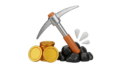 Digital Currency Mining Concept with Golden Coins Pickaxe and Dark Coal Chunks on a Transparent Background Representing Cryptocurrency Extraction