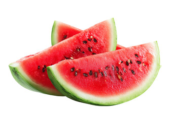 Watermelon slices arranged creatively, juicy red fruit pieces with green rind isolated on transparent background
