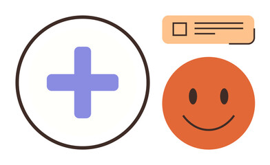 Blue medical plus sign, orange happy face, and notification textbox evoke health, happiness, and communication. Ideal for wellness, mental health, positivity, healthcare communication teamwork