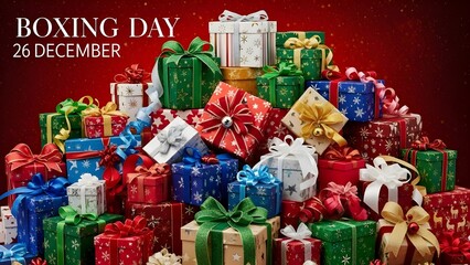 Pile of Colorful Christmas Gift Boxes with 'BOXING DAY 26 DECEMBER' Text on Red Background