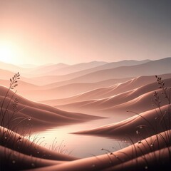 Serene desert landscape at dawn with rolling dunes, a calm body of water, and soft, warm light.