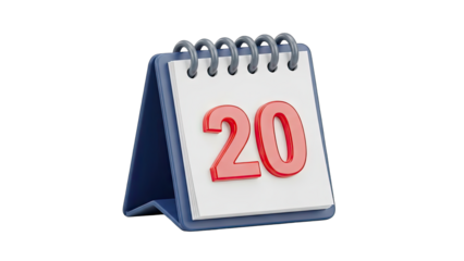 Desktop Calendar Showing Red Number 20 With A Transparent Background And Blue Stand And Spiral Binding
