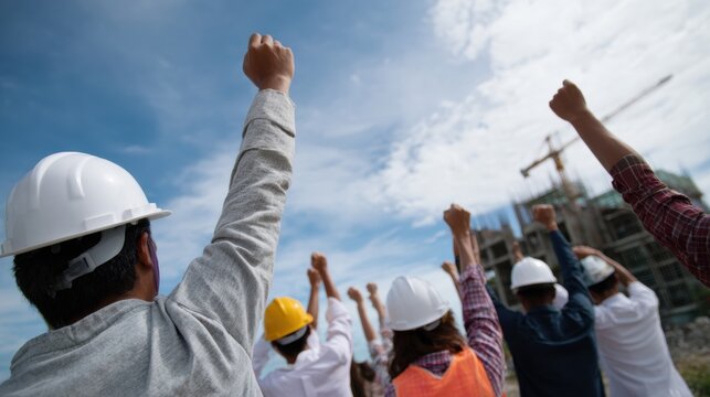 Construction worker team celebrating milestone with raised fists on building site, safety helmet, high five spirit and teamwork under blue sky