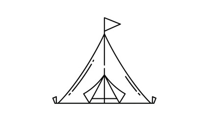 Minimalist black and white line art icon of a simple triangular camping tent with a flag, symbolizing adventure and the outdoors.