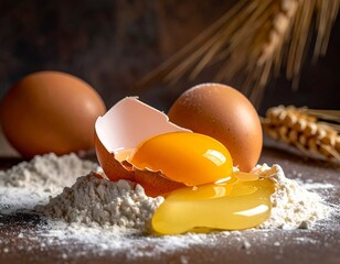 Close-up of eggs, one cracked open, yolk spilling onto flour, with wheat in the background