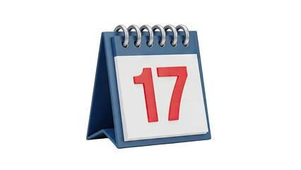 Desktop Flip Calendar Showing the Number 17 in Red Against a White Background with a Blue Base and Silver Spiral Binding on a Transparent Background