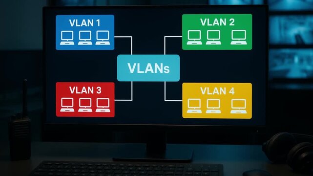 zero trust security architecture concept. Computer monitor displaying VLAN network diagram with colored sections.