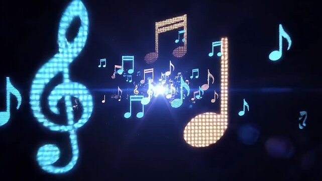 Abstract musical notes floating and glowing in a dark background.