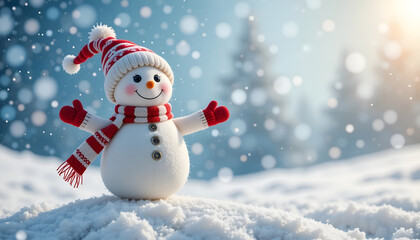 Fototapeta premium Happy Snowman with Open Arms Wearing Striped Hat and Scarf in Winter Snowfall