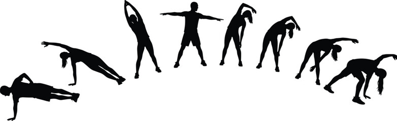 Silhouettes of male and female athletes doing fitness and stretching exercises, symbolizing yoga, core strength, balance, healthy lifestyle, flexibility, warm-up, and dynamic 