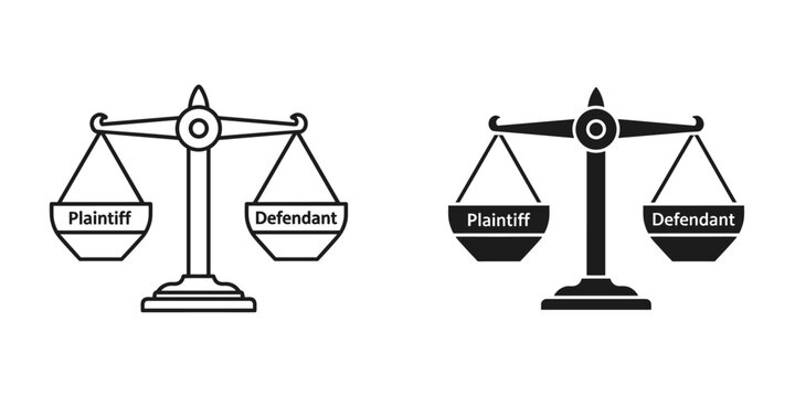 Scales of justice with plaintiff and defendant labels, legal balance icon set
