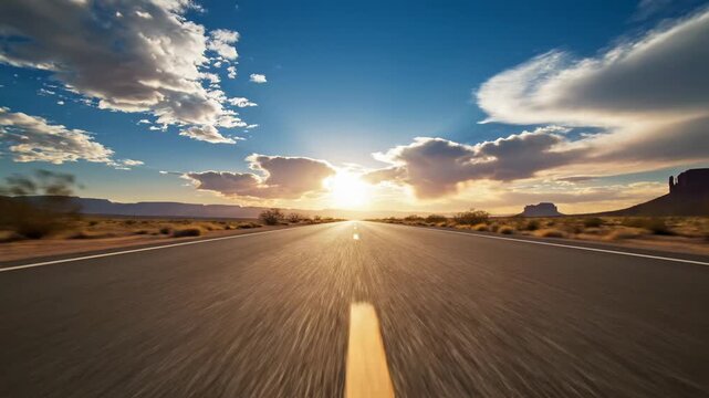 Driving fast down cinematic desert highway toward bright sunset light