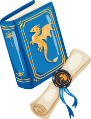 Fantasy Book And Scroll With Dragon Emblem Illustration