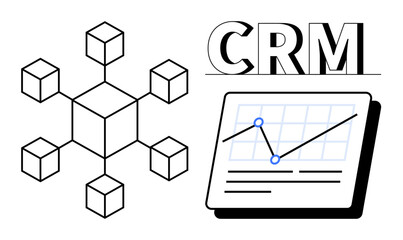 Obraz premium Centralized cube connects smaller cubes symbolizing networks, CRM lettering, and a dashboard with data graph. Ideal for analytics, data management, business strategy, CRM solutions, networking