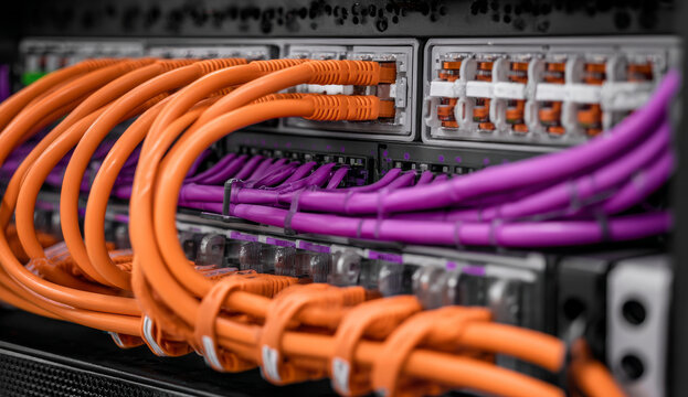 Close-animated movie view of network cables and patch panels in a data center server rack