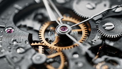 Close-animated movie view of the intricate mechanical watch movement with gears and springs