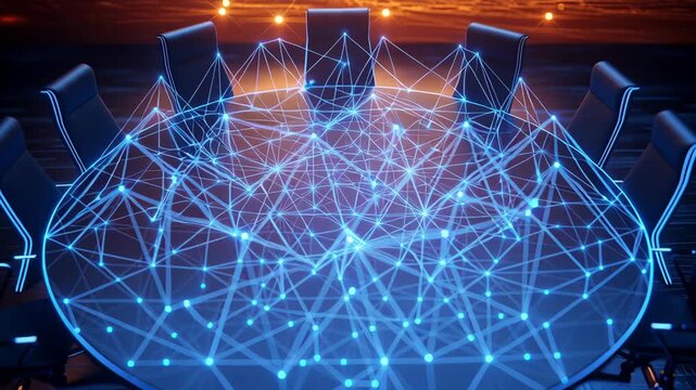 Network connection digital technology abstract futuristic innovation communication concept glowing blue lines round table office chairs warm background light modern design illuminated corporate